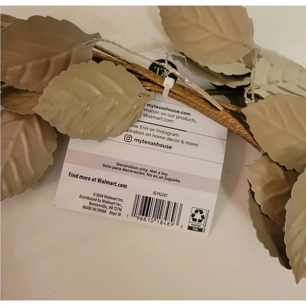 My Texas House Garland Metal Leaf Leaves 6 Ft Champagne Lt Taupe Wired Decor